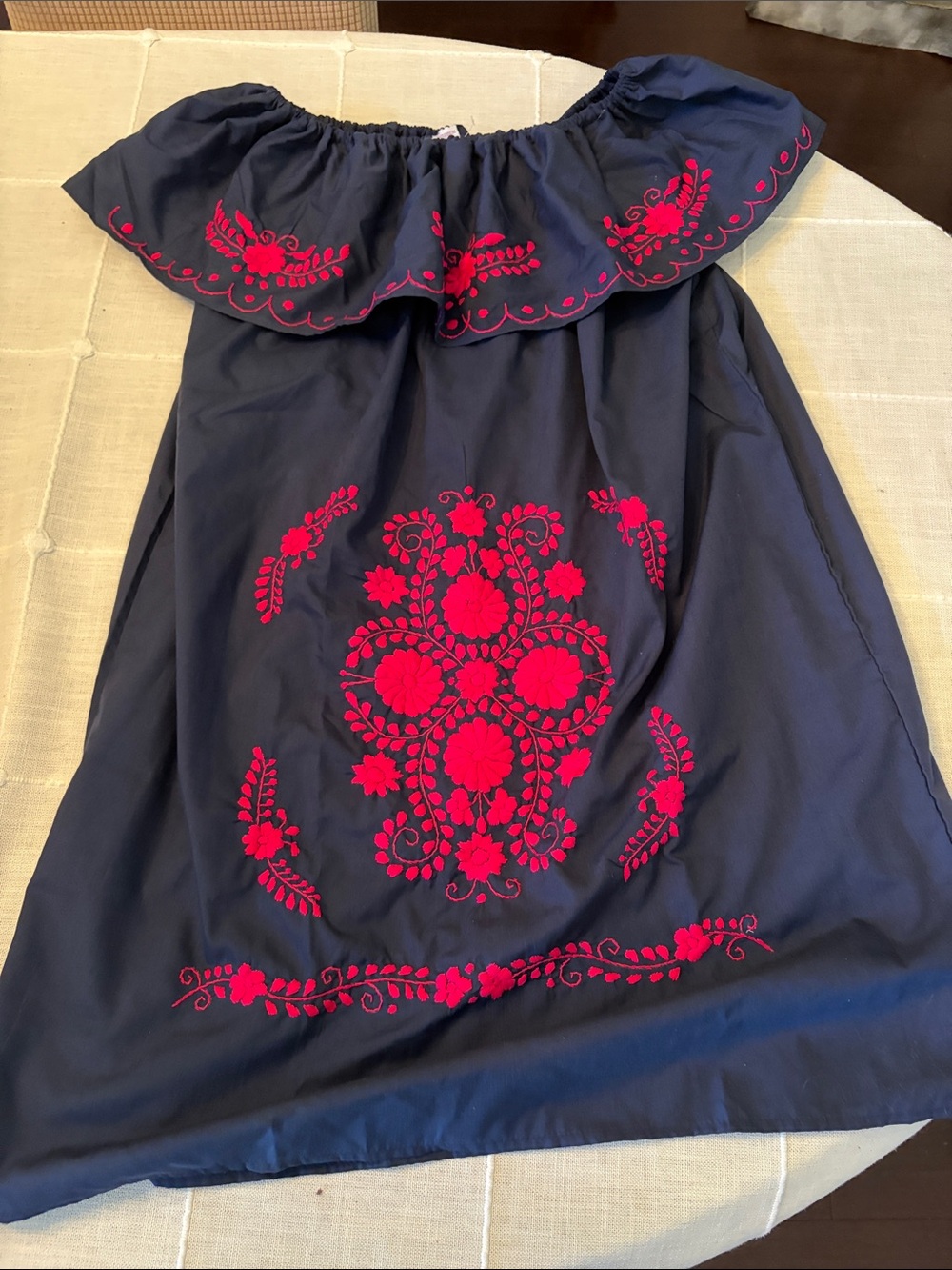 Ladies Navy Off-Shoulder Dress with Red Floral Embroidery